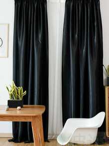 1pc Pre-made Half-shading Satin Bottom Gauze Solid Color Modern & Simple Curtain - Black - View 2