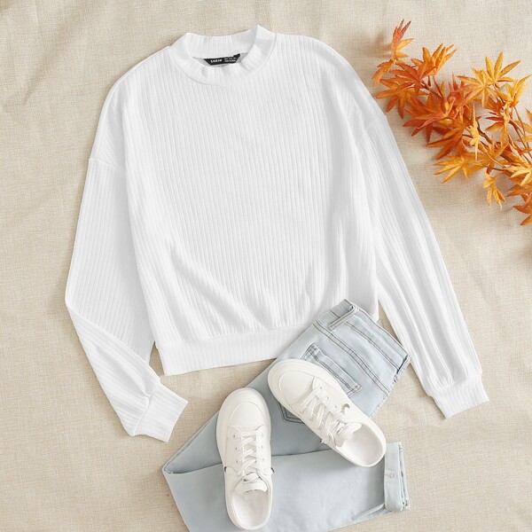 

Mock Neck Drop Shoulder Rib-knit Pullover, White
