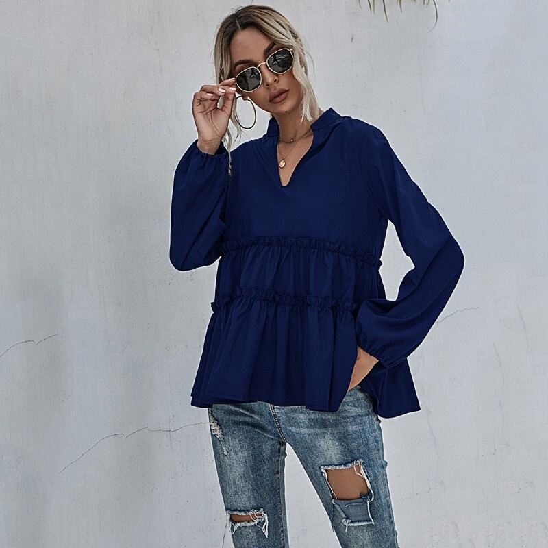 

Notched Neck Frill Trim Peplum Blouse, Navy blue