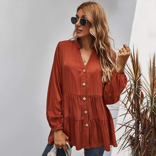 

Notched Neck Button Front Babydoll Blouse, Burnt orange