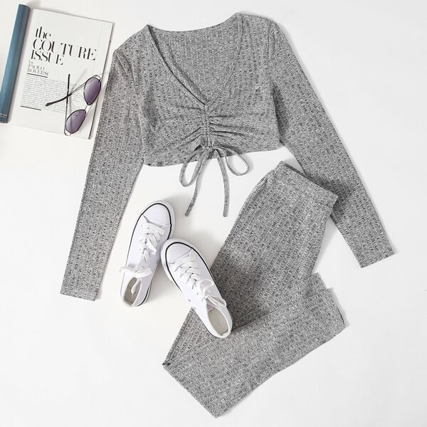

V-neck Drawstring Front Tee and Leggings Set, Grey