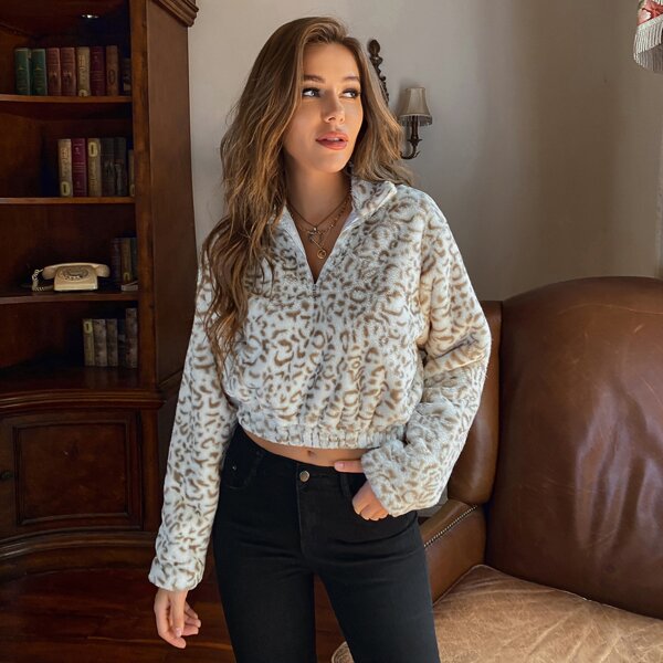 

Half Zip Leopard Teddy Crop Sweatshirt, Multicolor
