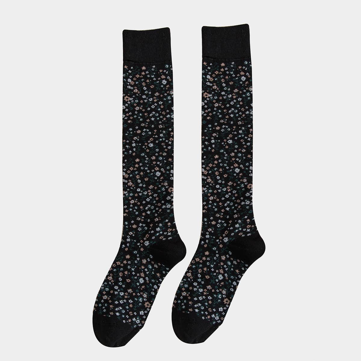 

1pair Ditsy Floral High Socks, Black