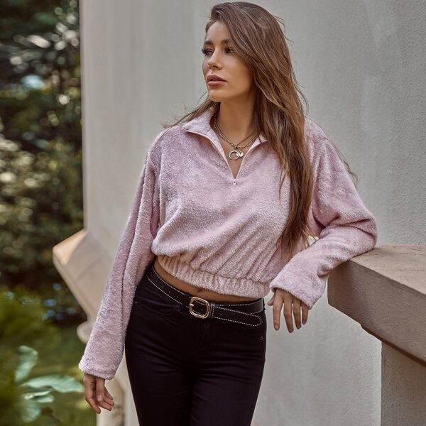 

Half Zip Drop Shoulder Teddy Crop Sweatshirt, Baby pink