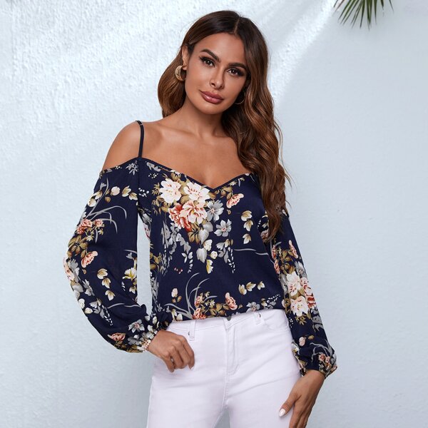 

Cold Shoulder Floral Print Top, Navy blue