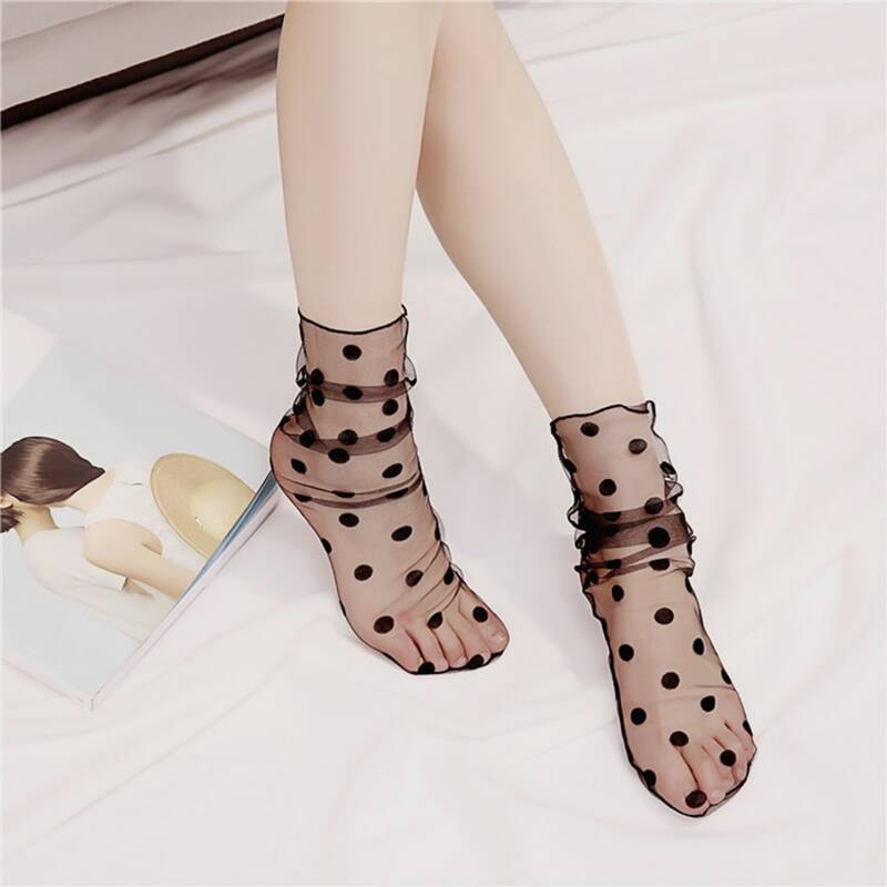

1pair Polka Dot Mesh Socks, Black and white