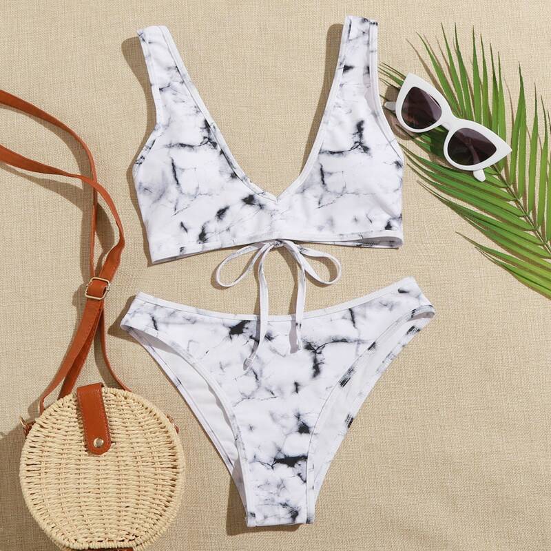 

Marble Pattern Tie Back Bikini Swimsuit, White