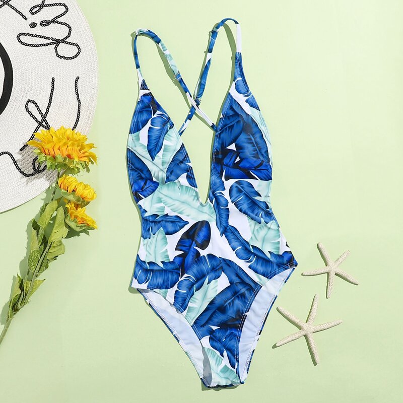 

Tropical Print Plunging One Piece Swimsuit, Multicolor