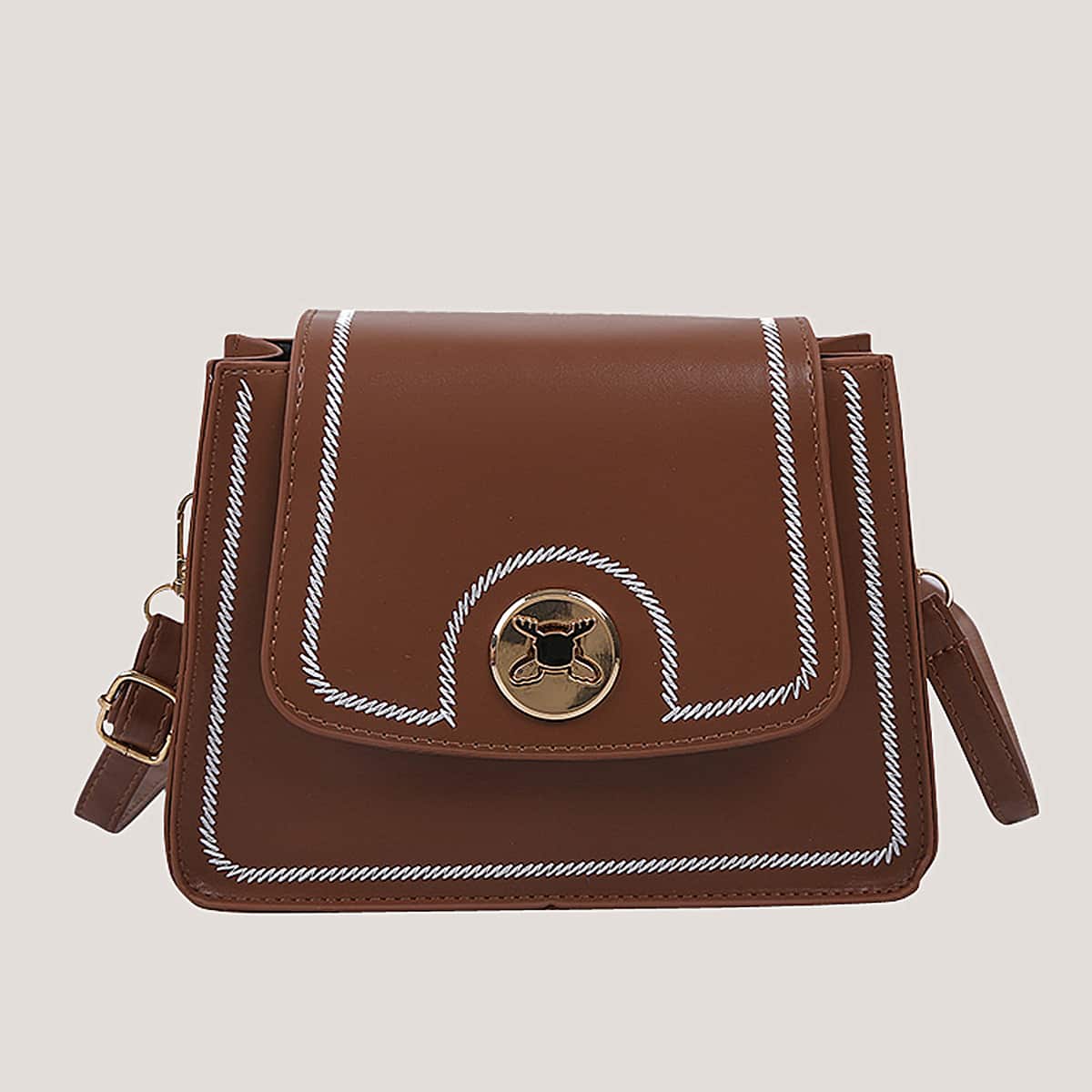 

Flap Embroidery Edge Crossbody Bag, Brown