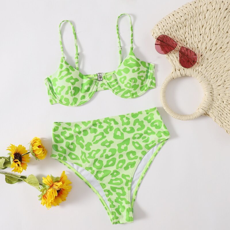 

Leopard Underwire High Waist Bikini Swimsuit, Green