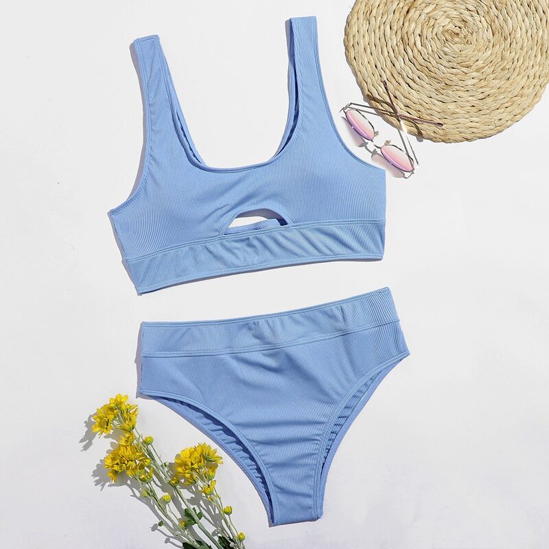 

Ribbed Cut-out High Waist Bikini Swimsuit, Pastel baby blue