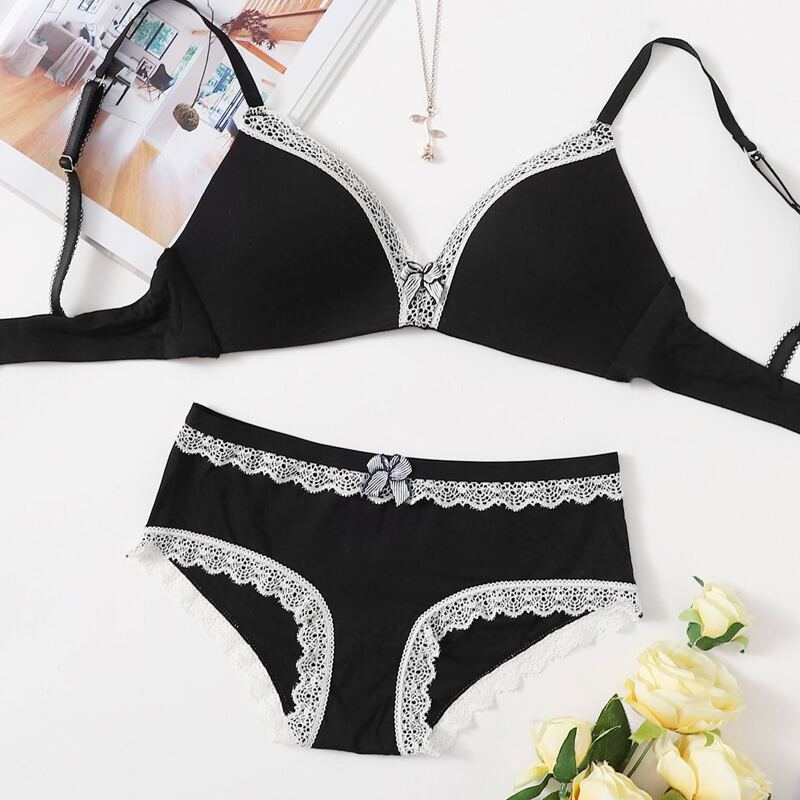 

Lace Trim Lingerie Set, Black