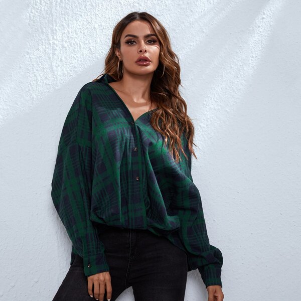 

Drop Shoulder Tartan Oversized Blouse, Multicolor