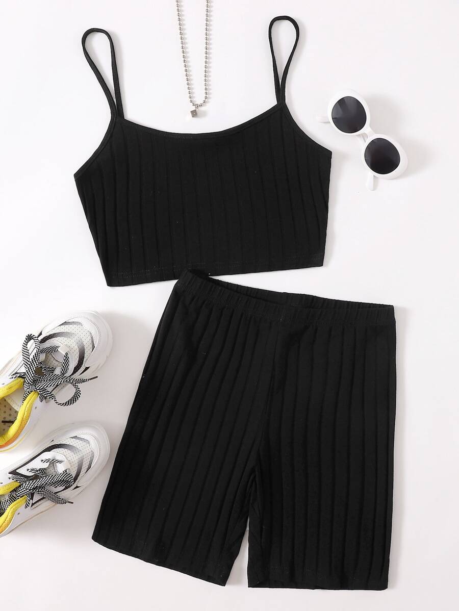 SHEIN EZwear Ribbed Cropped Cami Top & Cycling Shorts Set - Black - View 1