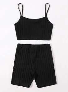 SHEIN EZwear Ribbed Cropped Cami Top & Cycling Shorts Set - Black - View 2