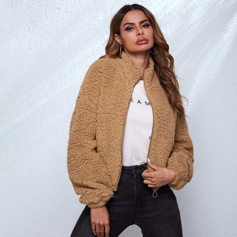 

Drop Shoulder Zipper Placket Teddy Jacket, Brown