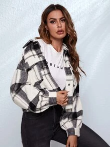 SHEIN Plaid Drop Shoulder Flap Pocket Shacket - Black and White - View 3