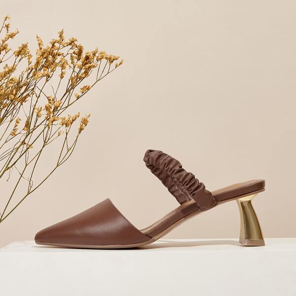 

Calfskin Leather Ruched Detail Breathable Mules, Brown