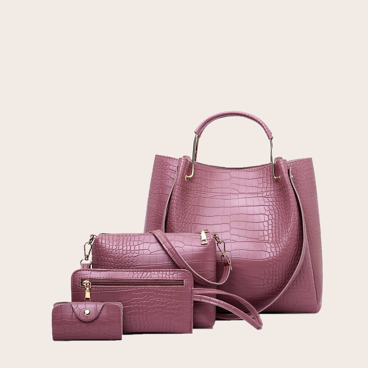 

4pcs Crocodile Satchel Bag Set, Pink