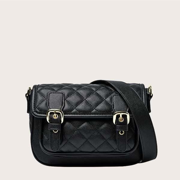 

Quilted Buckle Decor Shoulder Bag, Black