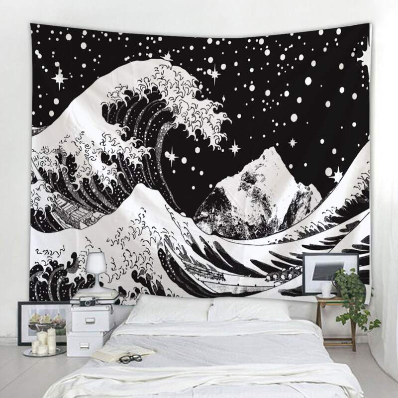 

Mountain & Wave Tapestry, Black and white