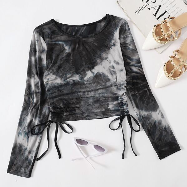 

Ruched Drawstring Side Tie Dye Tee, Black