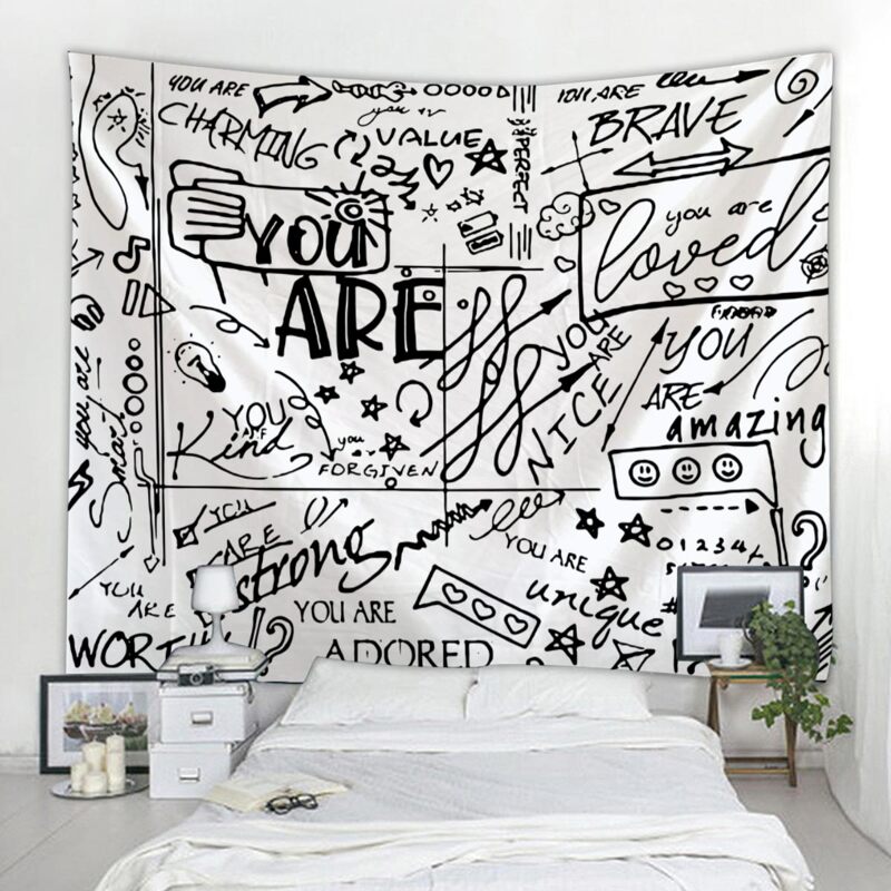

Slogan Graffiti Tapestry, Black and white