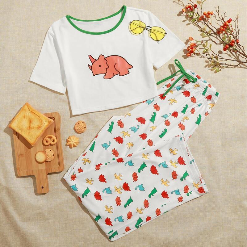 

Cartoon Dinosaur Print Tie Front PJ Set, Multicolor