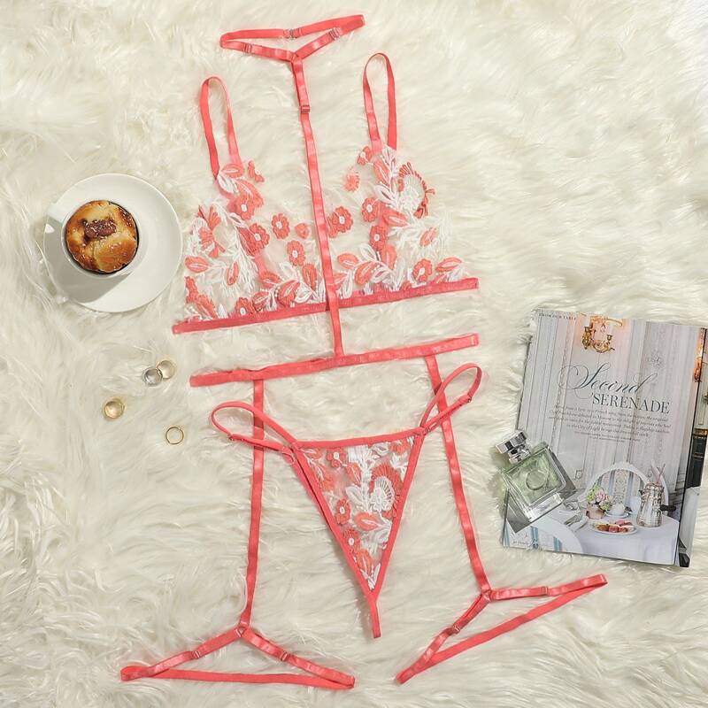 

Floral Embroidery Harness Lingerie Set, Coral pink