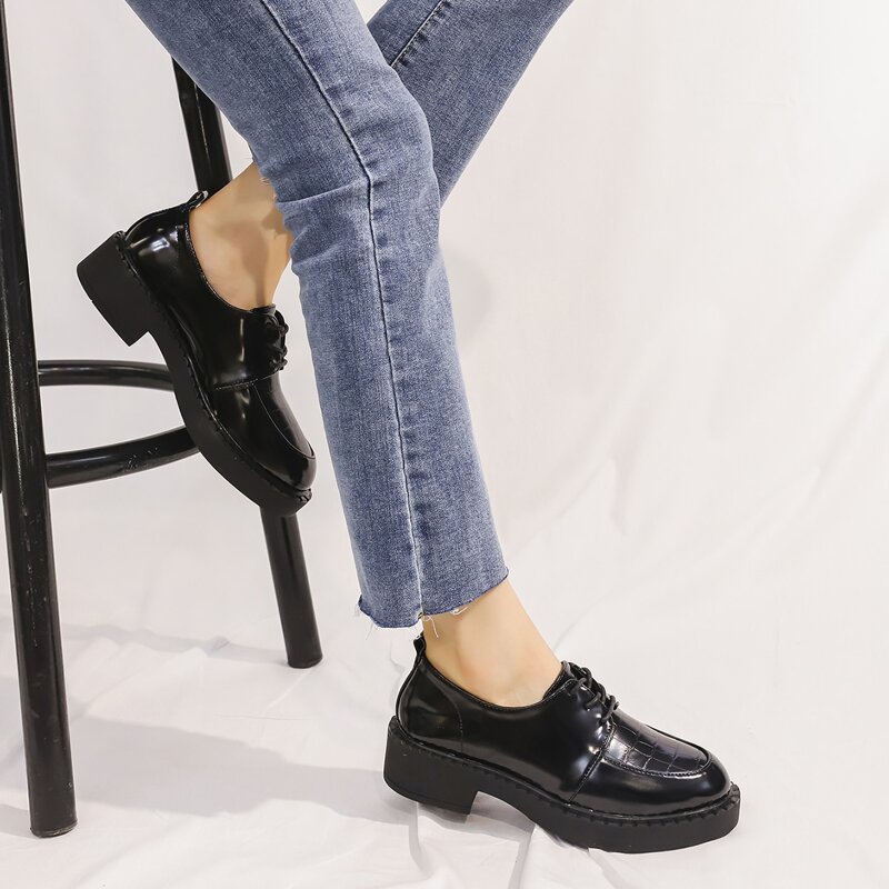 

Croc Embossed Lace-up Front Flats, Black