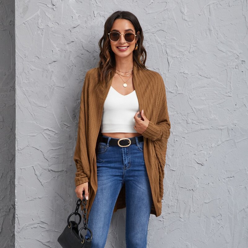 

Open Front Batwing Sleeve Solid Coat, Brown