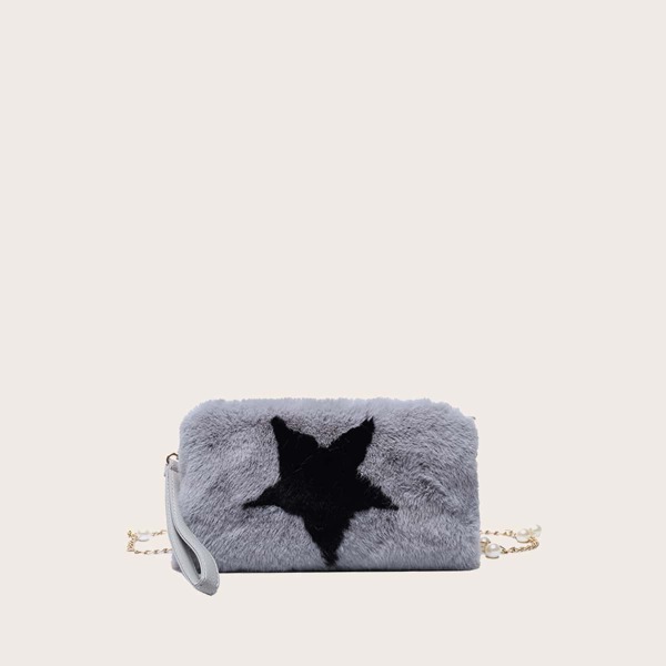

Fluffy Decor Chain Crossbody Bag, Grey