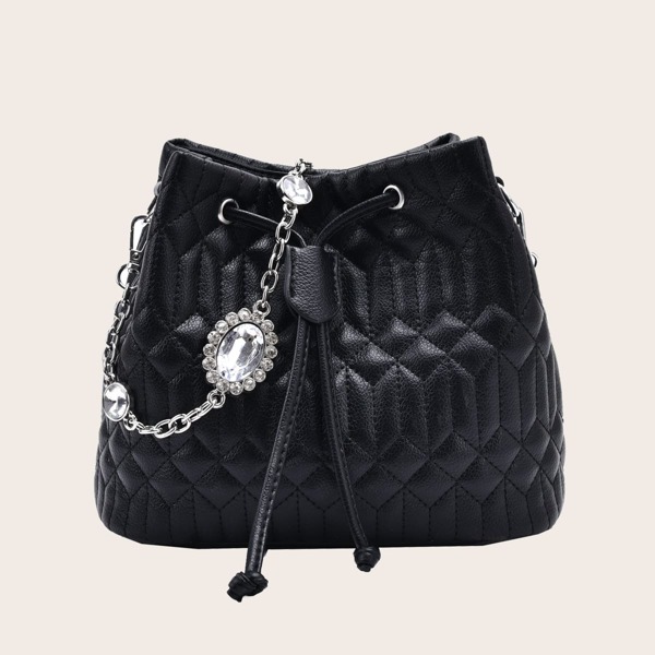 

Rhinestone & Drawstring Decor Bucket Bag, Black