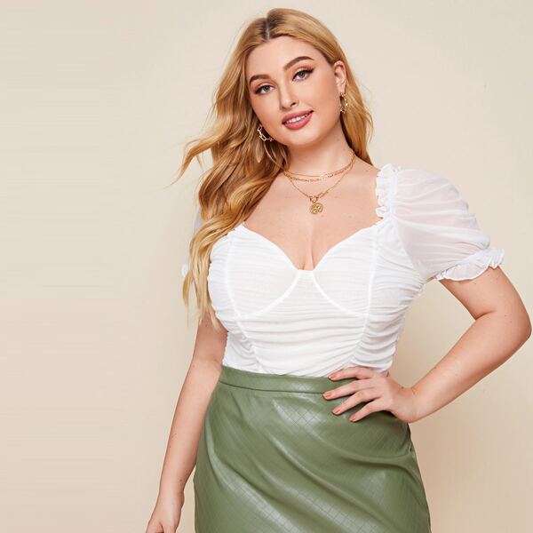 

Plus Ruched Frill Trim Puff Sleeve Mesh Top, White