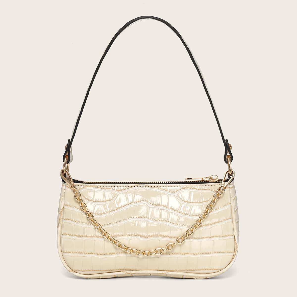 

Chain Decor Croc Embossed Baguette Bag, Yellow