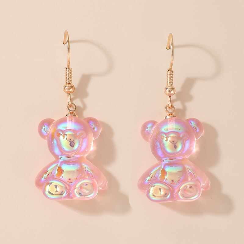 

Holographic Bear Drop Earrings, Pink