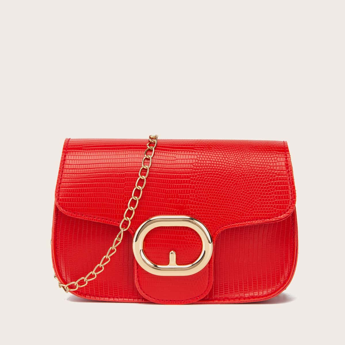 

Lizard Embossed Chain Crossbody Bag, Red