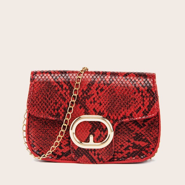 

Snakeskin Print Chain Crossbody Bag, Red