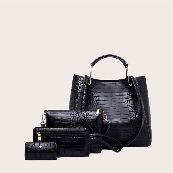 

4pcs Croc Embossed Tote Bag Set, Black