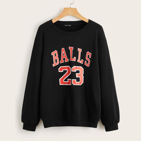 

Letter and Number Print Drop Shoulder Pullover, Black