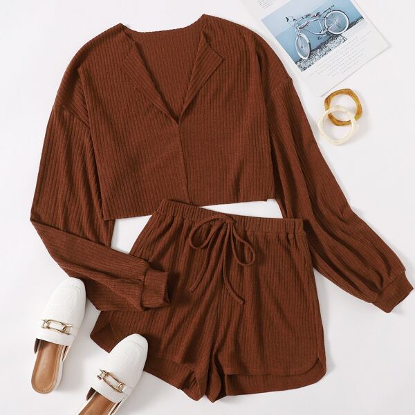 

Drop Shoulder Notched Neck Top & Shorts Set, Rust brown