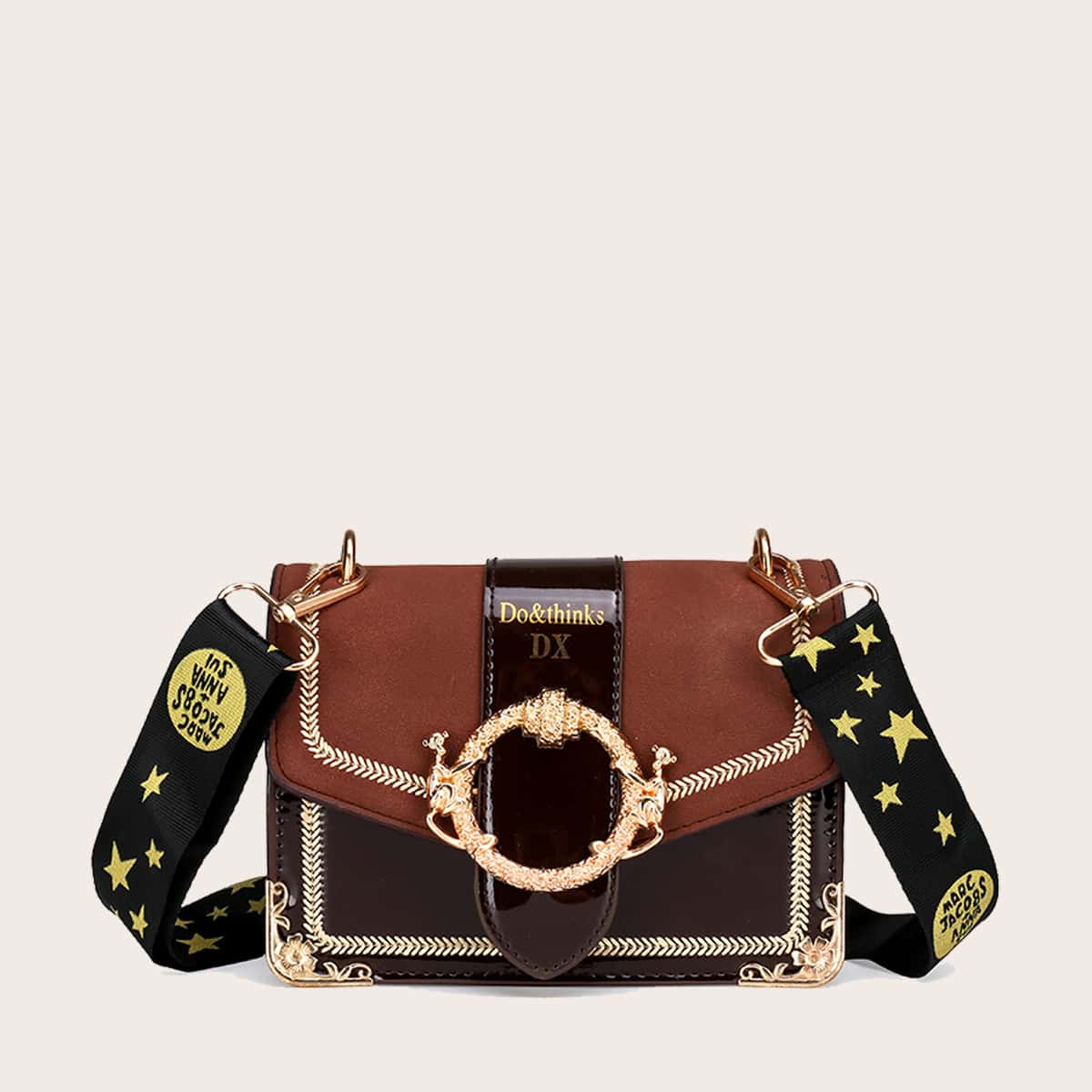 

Stitch Detail Bag With Star Print Strap, Coffee brown