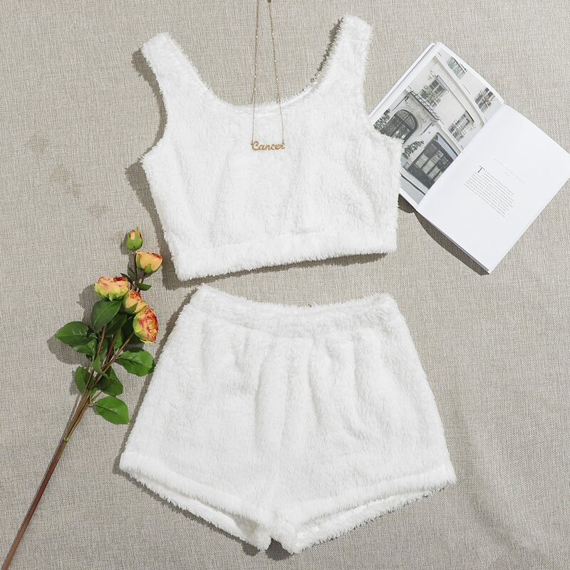 

Fluffy Tank Top & Shorts Lounge Set, White