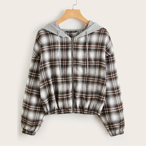 

Drop Shoulder Contrast Hooded Plaid Jacket, Multicolor