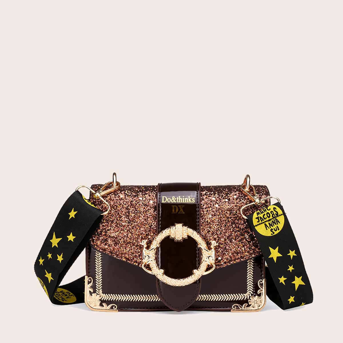 

Glitter Detail Bag With Star Print Strap, Coffee brown