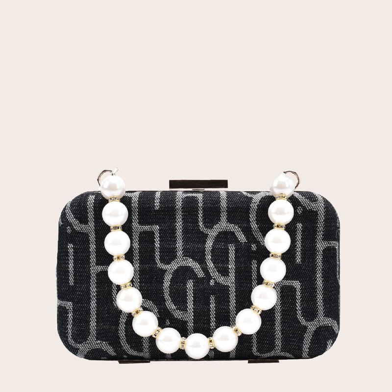 

Faux Pearl Handle Box Bag, Black