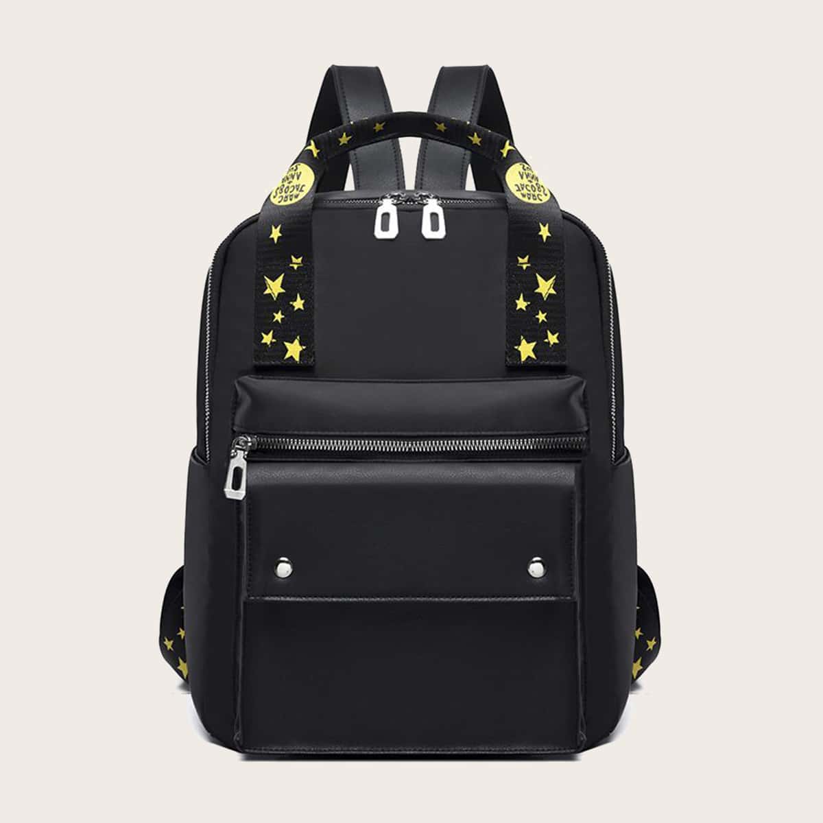 

Star Print Pocket Front Backpack, Black