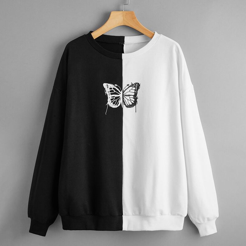 

Butterfly Graphic Colorblock Sweatshirt, Black and white