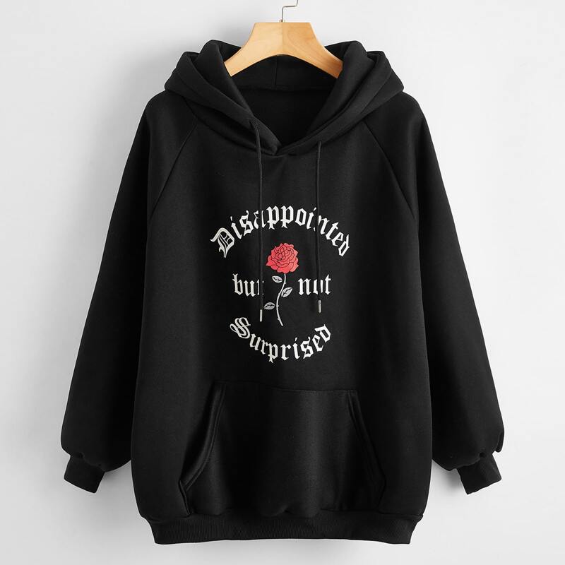 

Floral & Letter Graphic Oversized Hoodie, Black