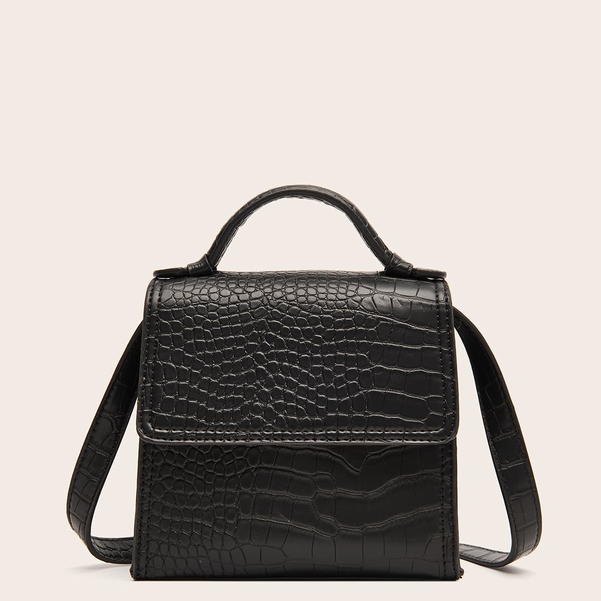 

Croc Embossed Flap Satchel Bag, Black